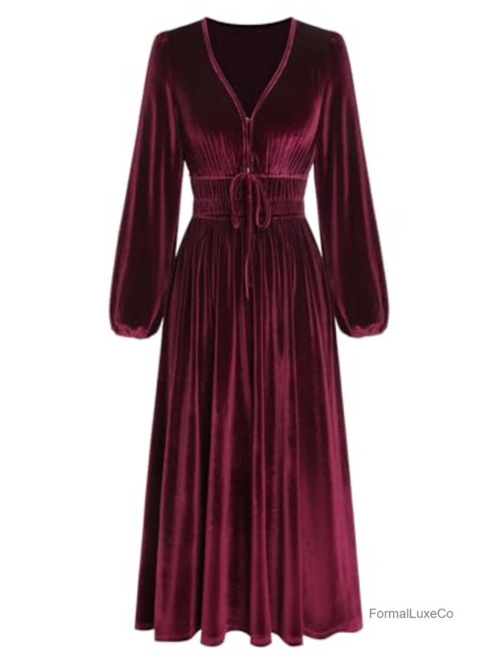 Velvet Midi Dress V Neck Long Sleeve Formal Cocktail Party A-Line